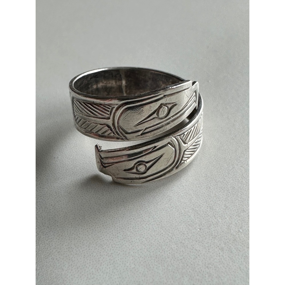 Native Canadian Northwest Coast Silver Wrap Ring Engraved Eagle Raven Art